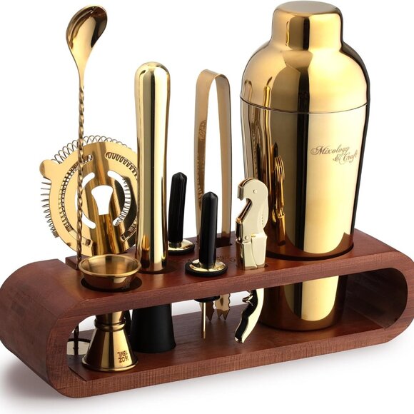 Bartender Kit: 10-Piece Bar Tool Set with Mahogany StandPerfect Home Bartendi